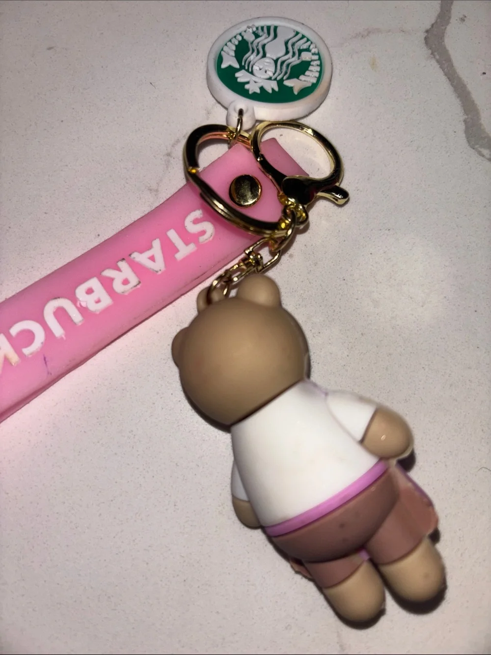 Starbucks Pink Bear Keychain with Gold Ring and Green Logo